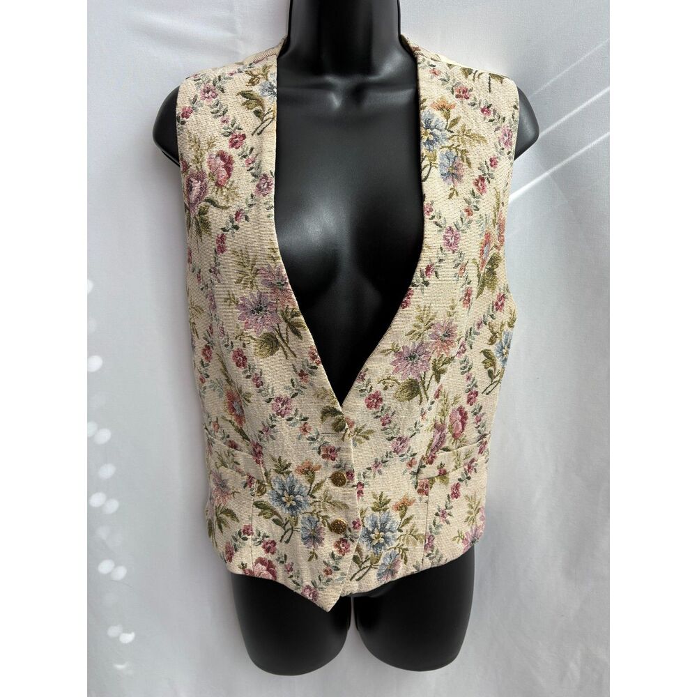 Vintage Ann Taylor Studio Embroidered Vest Top Size M Satin Floral Retro Cotton